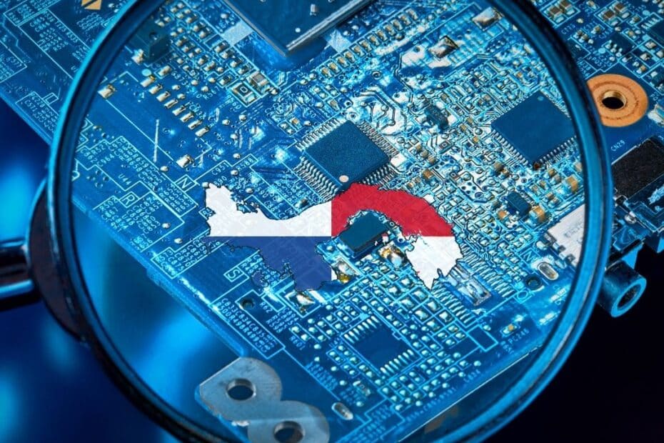 Semiconductor chip with Panama flag and magnifying glass above it