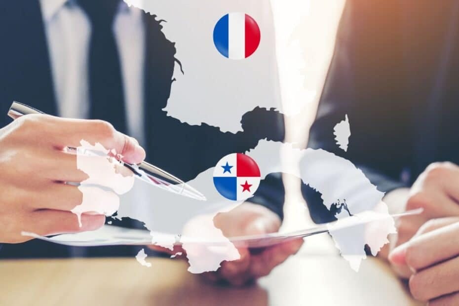 Two Businessmen going over a contract with maps & flags of France & Panama
