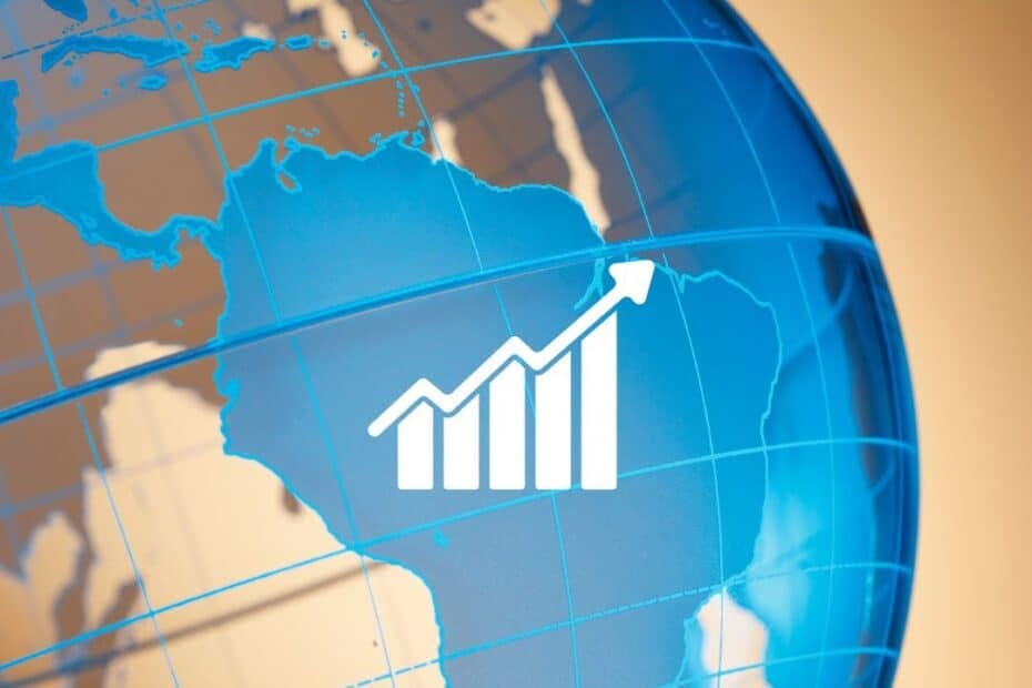 World globe centered on Latin America with growth icon