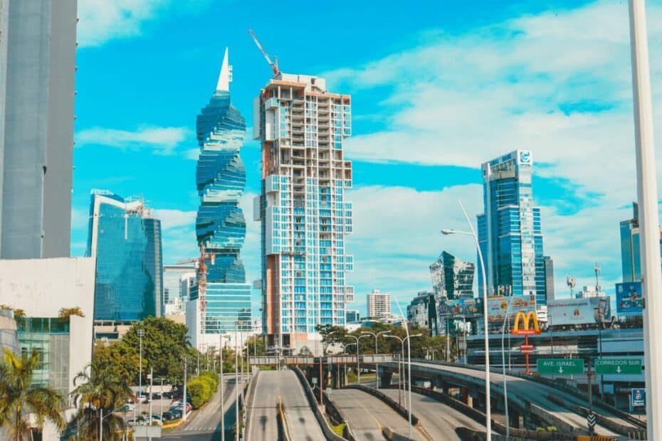 View of Panama city from a road with the tormillo tower in the back