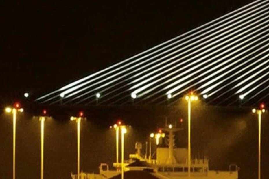 Ship under the Centennial Bridge by night, Panama Canal