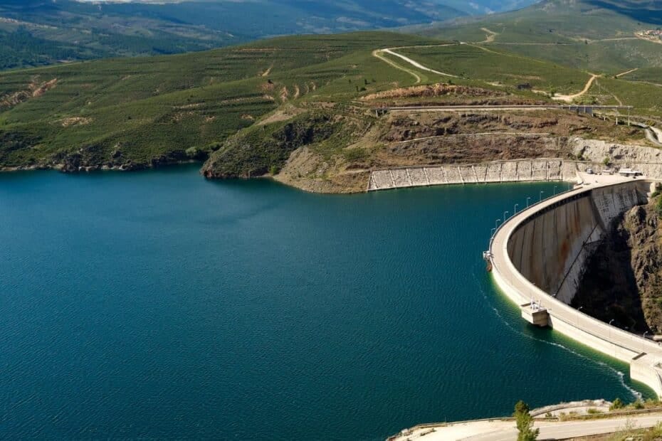 A water reservoir with a dam