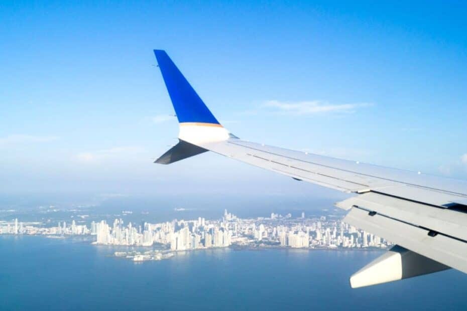 Panama City seen from airplane wing
