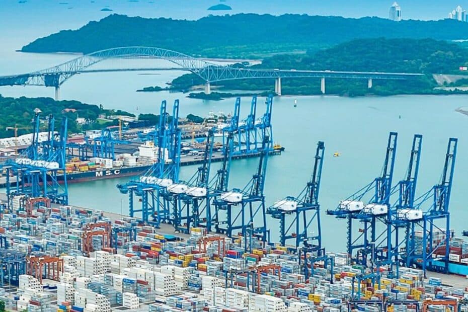 Balboa Port at the entrance of the Panama Canal from above