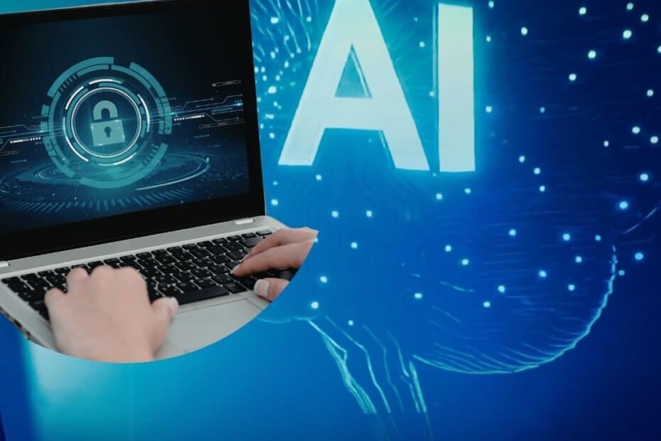 A laptop with a cybersecurity icon & AI