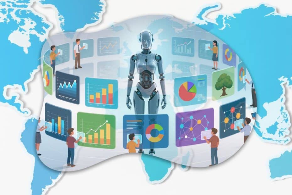 Screens of AI tools projected on a world map