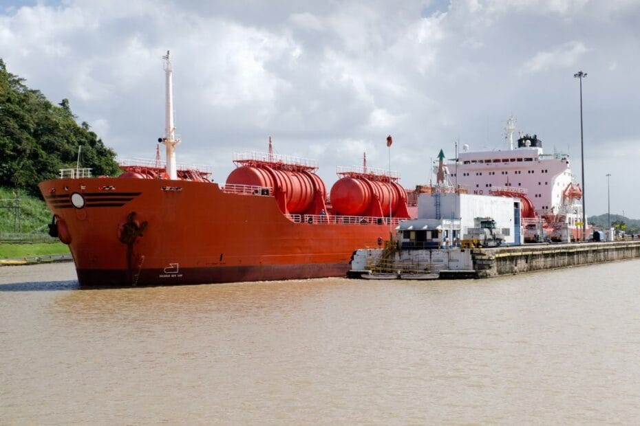 A Bulk Liquid Carrier Going Through the Panama Canal Locks